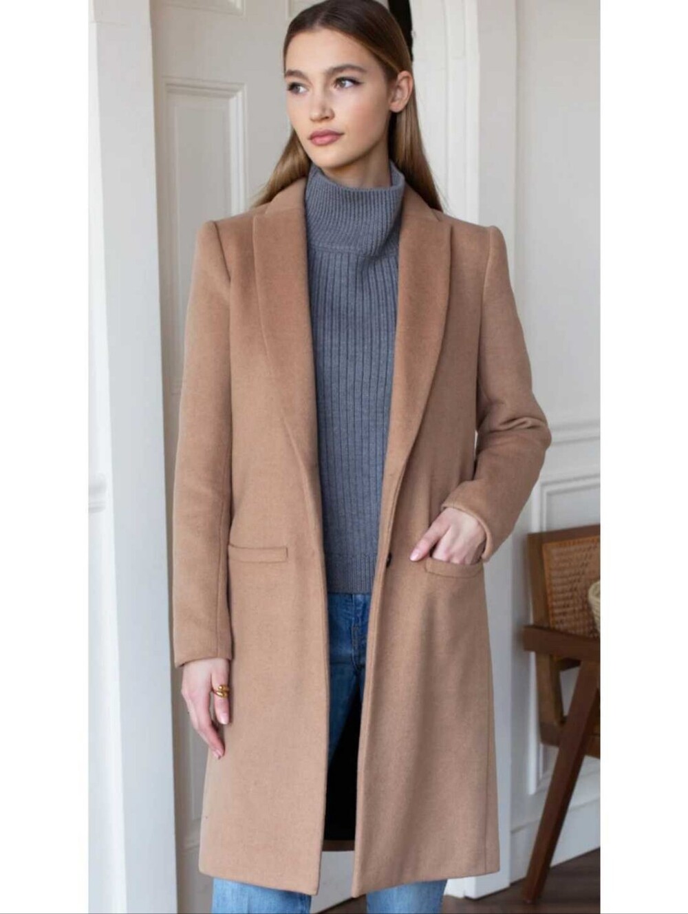 Emerson Fry Wool Cashmere Tailored Coat Camel Tan Button Long Quiet Luxury